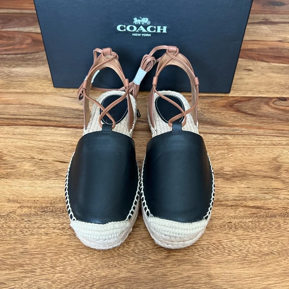 Coach Rita Espadrille Sandals – Black/Tan Leather Lace-Up Flats Size 5.5 - Picture 2 of 11